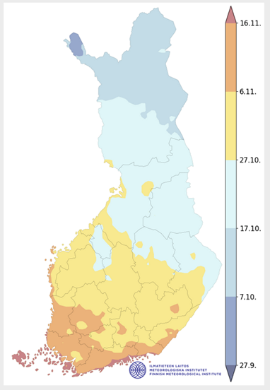 Ensimmäisen ehjän lumipeitteen tulon ajankohta keskimäärin Lähde: Ilmatieteenlaitos